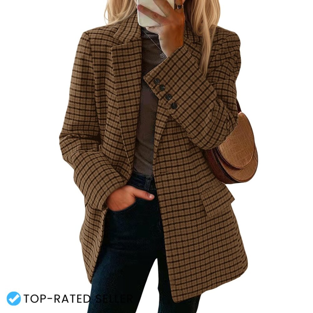 Plaid Houndstooth Wool Blazer Loose Fit Business Casual Elegant Suit Jacket - Picture 1 of 7